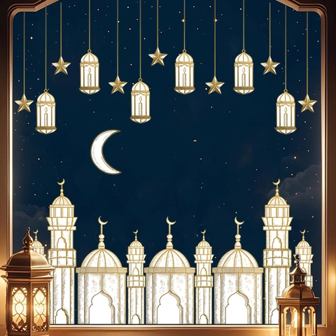 Ramadan Eid Mubarak Wall Stickers Gold Moon Star Lantern Castle PVC Self Adhesive Festival Home Window Decoration Sticker