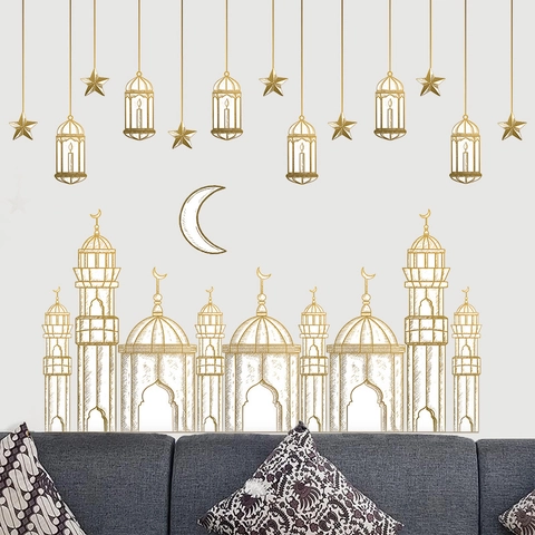 Ramadan Eid Mubarak Wall Stickers Gold Moon Star Lantern Castle PVC Self Adhesive Festival Home Window Decoration Sticker