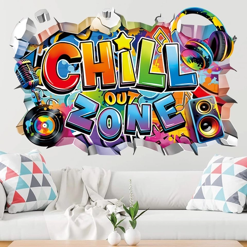 Adesivo da Parete 3D Chill Out Zone Effetto Rotto PVC Autoadesivo Graffiti Musica Decorazione Camera Gaming Soggiorno