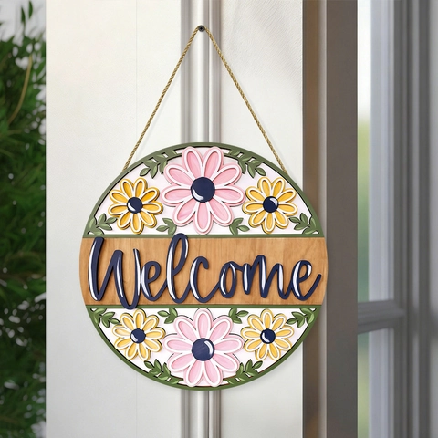 Targa di Benvenuto Rustica in Legno Rotonda Decorazione Parete Margherite Rosa Gialle Con Corda in Iuta per Ingresso Casa