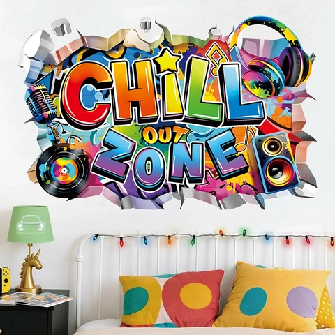 Adesivo da Parete 3D Chill Out Zone Effetto Rotto PVC Autoadesivo Graffiti Musica Decorazione Camera Gaming Soggiorno