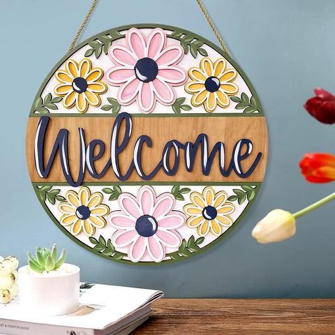 Targa di Benvenuto Rustica in Legno Rotonda Decorazione Parete Margherite Rosa Gialle Con Corda in Iuta per Ingresso Casa