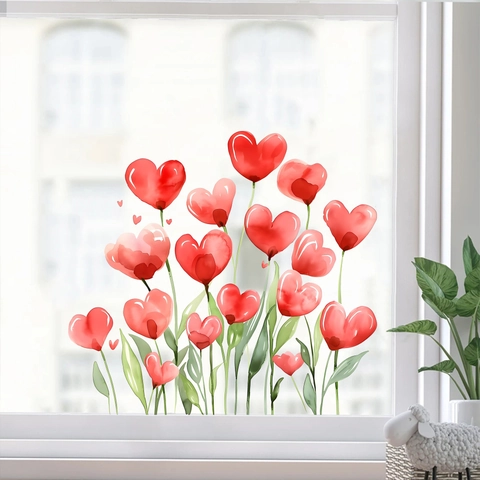 Pegatina de Ventana de Flor de Corazón Rojo de Acuarela Día de San Valentín Calcomanía de Vidrio Estática Decoración del Hogar