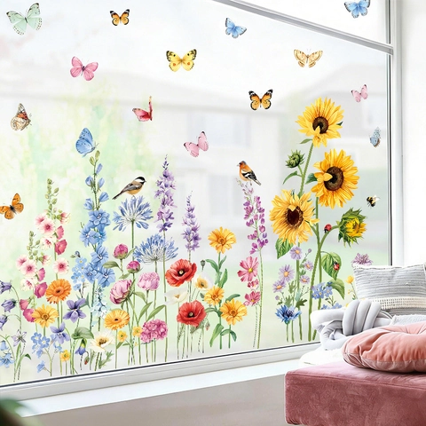 Spring Flower Butterfly Window Stickers PVC Self Adhesive Sunflower Bird Wall Decals For Kitchen Cabinet Home Window Decor