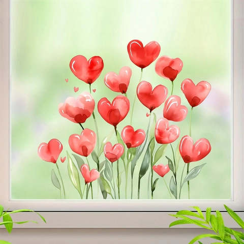 Pegatina de Ventana de Flor de Corazón Rojo de Acuarela Día de San Valentín Calcomanía de Vidrio Estática Decoración del Hogar