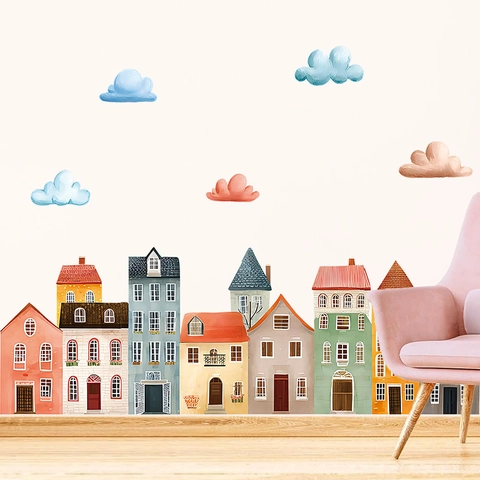 Stickers Muraux Maison de Ville Dessin Animé Bohème Pour Chambre d'Enfants PVC Autocollants Nuages Pour Chambre à Coucher Nursery