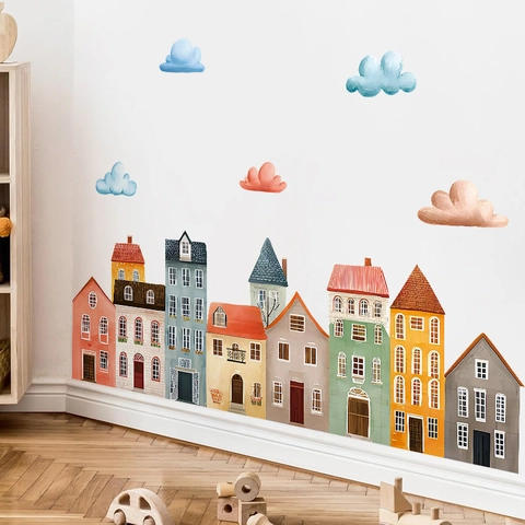 Stickers Muraux Maison de Ville Dessin Animé Bohème Pour Chambre d'Enfants PVC Autocollants Nuages Pour Chambre à Coucher Nursery