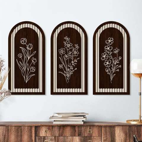Triple Arched Wooden Wall Art Decor Minimalist Floral Botanical Boho Wood Wall Plaques For Living Room Farmhouse Home Decoration