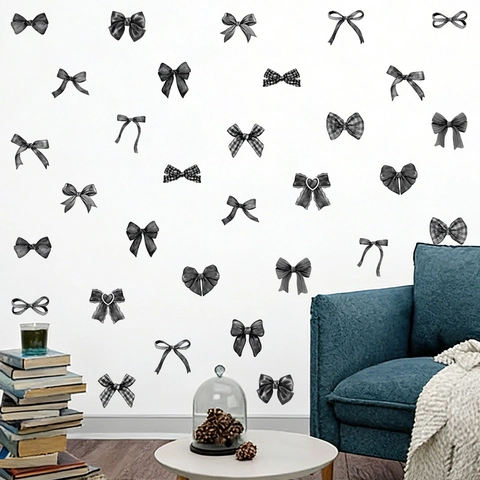 Boheemse Zwarte Strik Muurstickers Voor Meisjes Slaapkamer PVC Zelfklevende Decoraties Verschillende Lintpatronen DIY