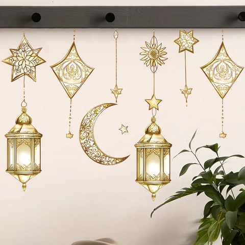 Gold Eid Ramadan Wandtattoo Hohle Mond Stern Laterne Arabisch Naher Osten Festival Selbstklebend PVC Fenster Deko Für Zuhause