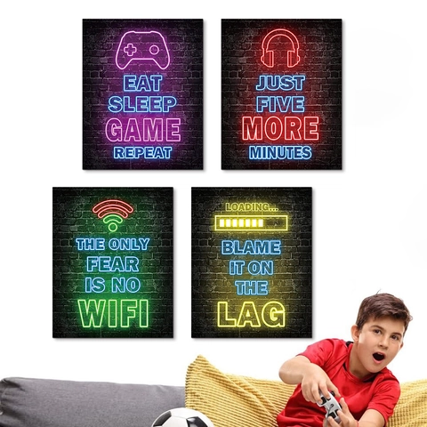 Cyberpunk Gaming Neon Style Canvas Wall Art Prints Controller Headset Pattern Unframed Decor For Game Room Bedroom Bar