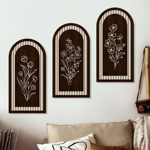 Triple Arched Wooden Wall Art Decor Minimalist Floral Botanical Boho Wood Wall Plaques For Living Room Farmhouse Home Decoration
