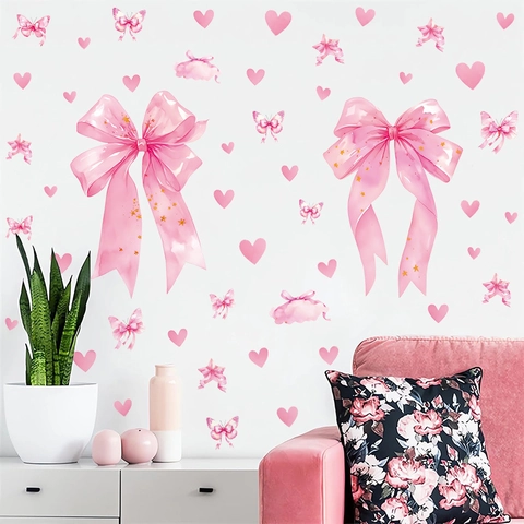Stickers Muraux Aquarelle Nœud Rose Cœur Papillon PVC Auto-Adhésif Chambre d'Enfant Fond Décoratif Décalcomanie