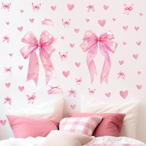 Stickers Muraux Aquarelle Nœud Rose Cœur Papillon PVC Auto-Adhésif Chambre d'Enfant Fond Décoratif Décalcomanie