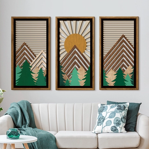 3-Piece Bohemian Pastoral Abstract Wood Hollow Decorative Wall Art Set With Rosewood Frame 3D Nature Landscape Mountain Sun Forest Hanging Decor For Living Room