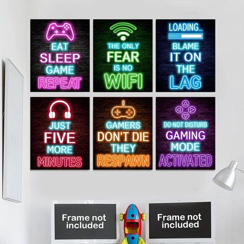 Neon Gaming Wall Art Canvas Poster Eat Sleep Game Repeat Slogan Senza Cornice Esports Camera da Letto Decor Pittura Core