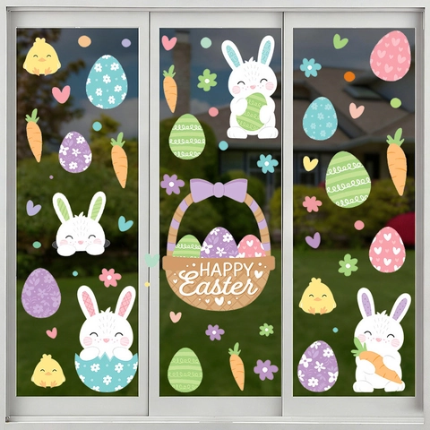 Ostern Fensterbilder Cartoon Hase Eier Küken Aufkleber Für Kinderzimmer Glasfenster Dekoration PVC Statische Aufkleber 4 Blatt