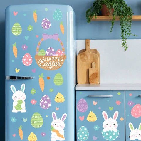 Ostern Fensterbilder Cartoon Hase Eier Küken Aufkleber Für Kinderzimmer Glasfenster Dekoration PVC Statische Aufkleber 4 Blatt