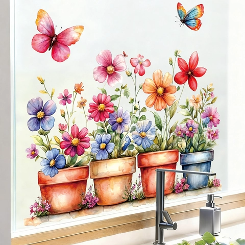 Fresh Watercolor Plant Flower Wall Stickers Butterfly Potted Plants Self-Adhesive PVC Decals For Home Kitchen Cabinet Window Decor