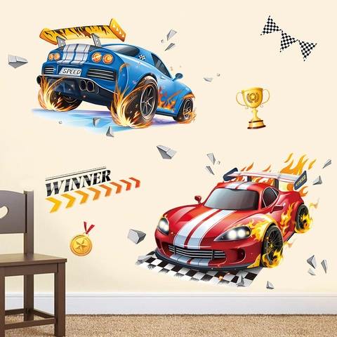 Adesivi per Auto da Corsa Parete Rotta 3D Cartone Animato Speed Winner Fiamme PVC Adesivo Murale per Camera dei Bambini