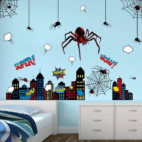 Adesivo da Parete a Tema Supereroe in PVC Impermeabile Con Ragnatela Skyline Città Decorazione Fai-da-te Camera Ragazzi Bambini