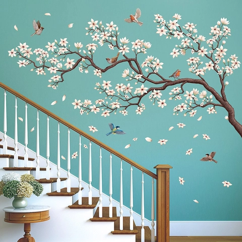Chinese Style White Peach Blossom Floral Wall Stickers With Birds PVC Self Adhesive Mural For Living Room Bedroom Decor
