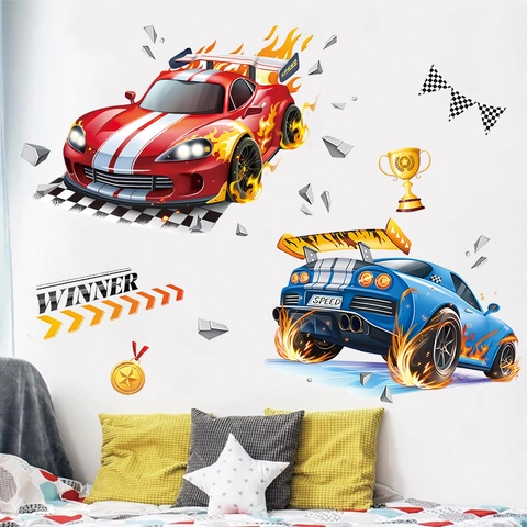 Adesivi per Auto da Corsa Parete Rotta 3D Cartone Animato Speed Winner Fiamme PVC Adesivo Murale per Camera dei Bambini