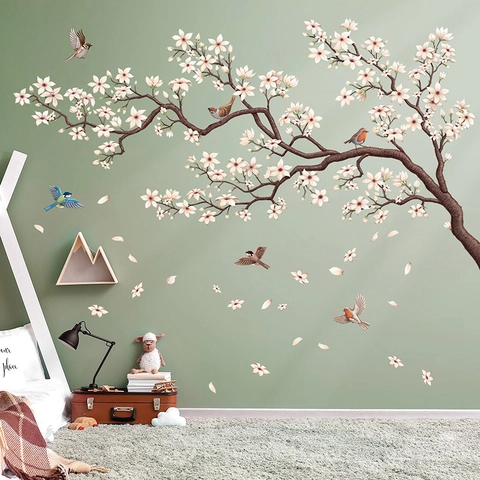 Chinese Style White Peach Blossom Floral Wall Stickers With Birds PVC Self Adhesive Mural For Living Room Bedroom Decor