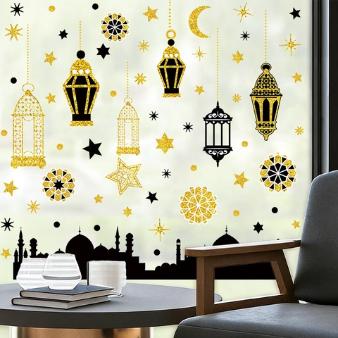 Ramadan Eid Mubarak Wandtattoo Goldener Glitzer Mond Stern Laterne Moschee Silhouette DIY PVC Fensteraufkleber Dekor