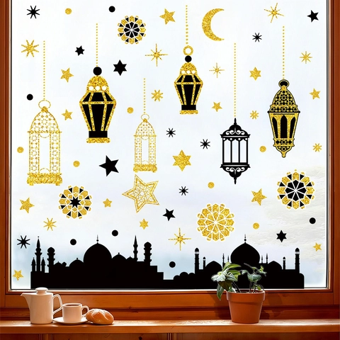 Ramadan Eid Mubarak Wandtattoo Goldener Glitzer Mond Stern Laterne Moschee Silhouette DIY PVC Fensteraufkleber Dekor