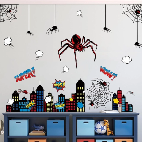 Adesivo da Parete a Tema Supereroe in PVC Impermeabile Con Ragnatela Skyline Città Decorazione Fai-da-te Camera Ragazzi Bambini