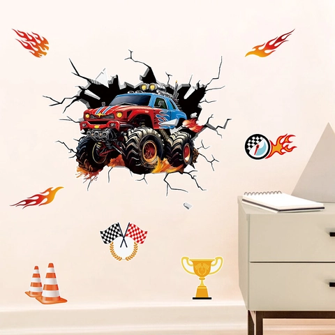 3D Adesivi Murali Monster Truck per Cameretta Ragazzi Auto da Corsa Decalcomanie Muro Rimovibile PVC Effetto Parete Rotta