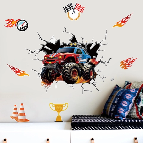 3D Adesivi Murali Monster Truck per Cameretta Ragazzi Auto da Corsa Decalcomanie Muro Rimovibile PVC Effetto Parete Rotta