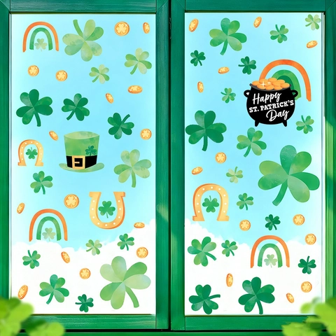 St. Patrick's Day Window Clings Set Shamrock Gold Coins Rainbow PVC Static Stickers For Irish Holiday Glass Decoration