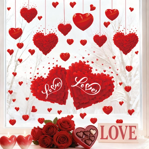 Adhesivos de Pared de Corazón Románticos para San Valentín PVC Rojo Autoadhesivos Love para Boda Propuesta Decoración Hogar