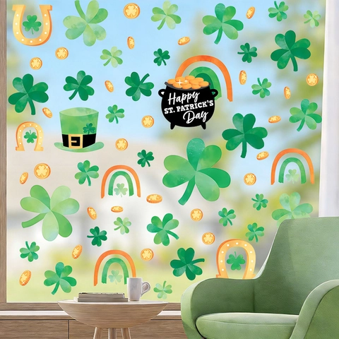 St. Patrick's Day Window Clings Set Shamrock Gold Coins Rainbow PVC Static Stickers For Irish Holiday Glass Decoration