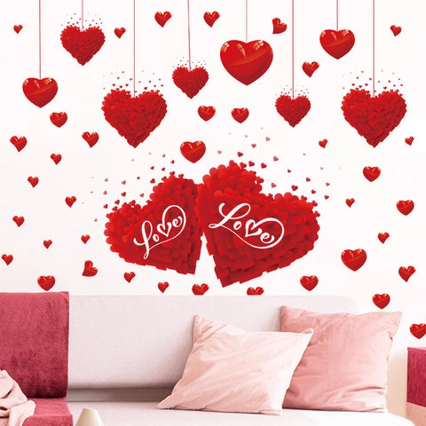 Adhesivos de Pared de Corazón Románticos para San Valentín PVC Rojo Autoadhesivos Love para Boda Propuesta Decoración Hogar
