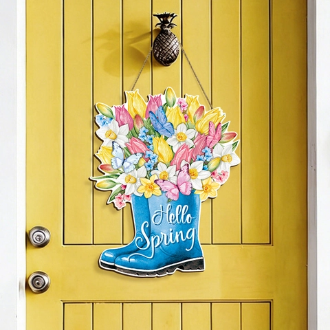 Targa a Muro in Legno Hello Spring Rustica Design Stivali da Pioggia e Ombrello Floreale Decorazione Portico Casa Fattoria