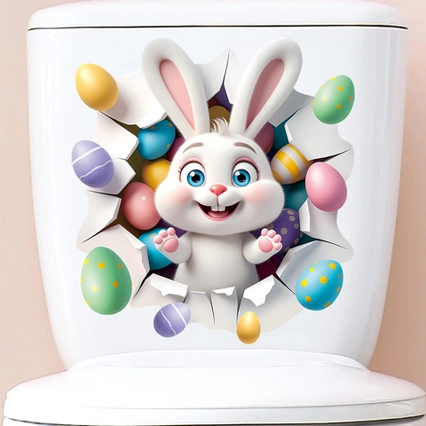 3D Easter Bunny Wall Sticker PVC Self Adhesive Cracked Wall Decal Colorful Easter Egg For Home Bathroom Kitchen Decoration