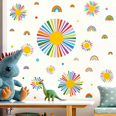 Bohemian Veelkleurig Geometrische Lijn Muursticker Voor Kinderkamer PVC Zelfklevend Regenboog Zon Kleuterschool Decoratie
