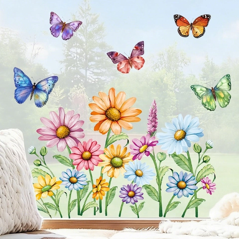 Adesivo per Finestra con Fiori e Farfalle di Primavera Decorazione Parete Impermeabile in PVC per Soggiorno Frigorifero
