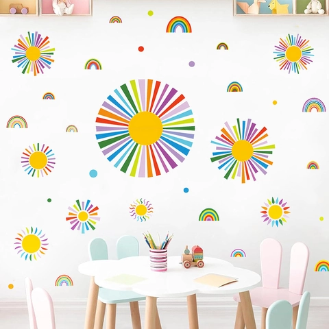 Bohemian Veelkleurig Geometrische Lijn Muursticker Voor Kinderkamer PVC Zelfklevend Regenboog Zon Kleuterschool Decoratie