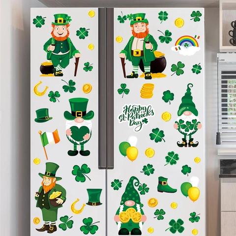 St. Patrick's Day Window Clings Wall Stickers Green Shamrock Leprechaun Pot Of Gold Rainbow Decorations Home Party PVC Static Decals
