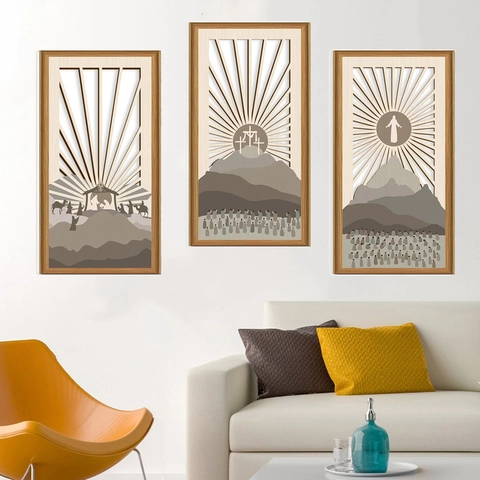 Decorazione Murale Religiosa in Legno Scene della Natività Crocifissione Risurrezione Taglio Laser Multistrato Collezione Tripla Ornamento Casa