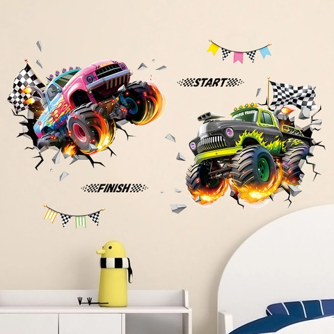 3D Monster Truck Wall Stickers Broken Wall Racing Car Decals For Boys Bedroom PVC Cartoon Wall Art Kids Room Decoration