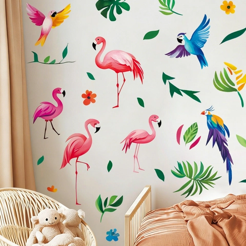 Vinilos Decorativos Flamencos Loros Tropicales Habitación Infantil PVC Autoadhesivo Hojas Botánicas Flores Murales Infantiles