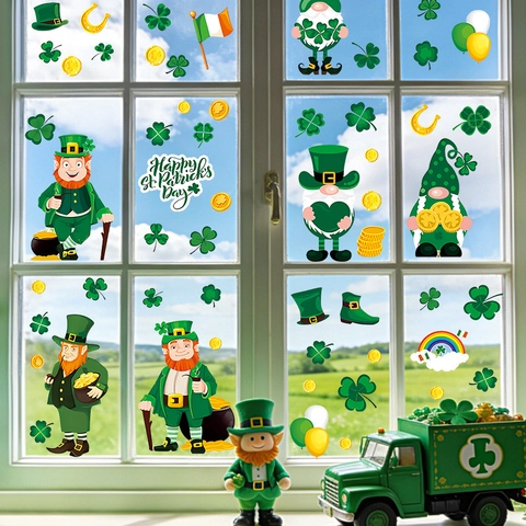 St. Patrick's Day Window Clings Wall Stickers Green Shamrock Leprechaun Pot Of Gold Rainbow Decorations Home Party PVC Static Decals