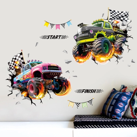 3D Monster Truck Wall Stickers Broken Wall Racing Car Decals For Boys Bedroom PVC Cartoon Wall Art Kids Room Decoration