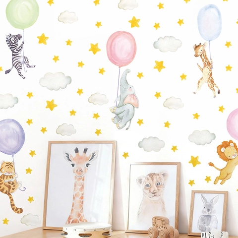 Cartoon Tiere Wandsticker Für Kinderzimmer Aquarell Löwe Elefant Giraffe Stern Wolke Ballon Abnehmbare PVC Kindergarten Wanddeko
