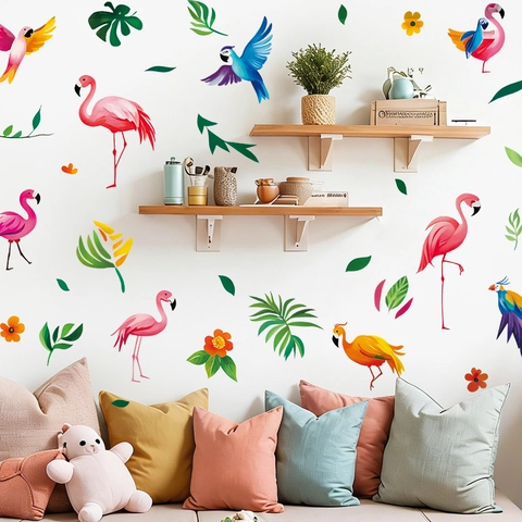 Vinilos Decorativos Flamencos Loros Tropicales Habitación Infantil PVC Autoadhesivo Hojas Botánicas Flores Murales Infantiles